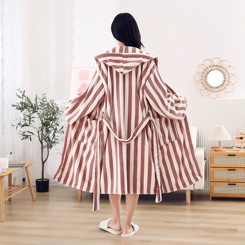 Women's High Quality Warm Long Winter Bathrobe Set Stripe Designer Home Loungewear with Front Logo Fashionable Dressing Gown