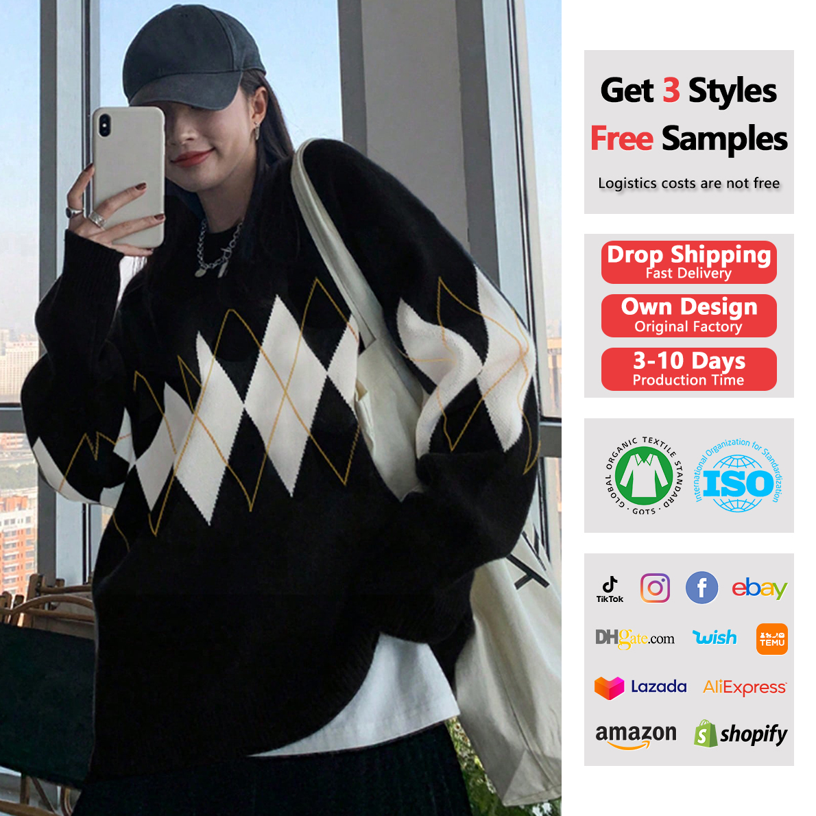 Women'S Oversized Cool Sweater Y2K Casual Long Sleeve Pullover Argyle Pattern Drop Shoulder Knitwear Top