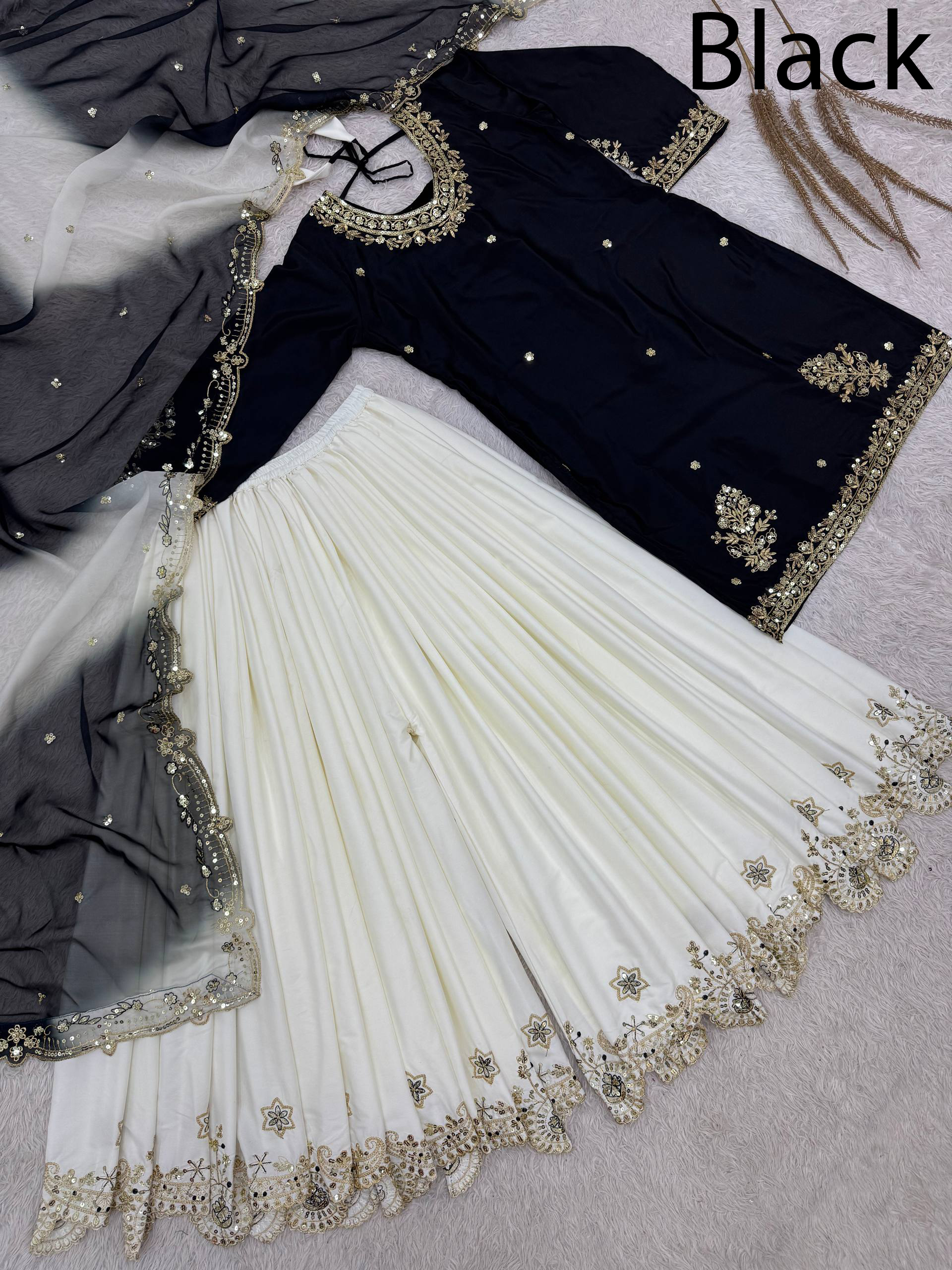 Wholesale Stitched Designer Indian Sequin Embroidered Crepe Slim Fit Sharara Gharara KurtiSet Diwali Wedding Party Premium