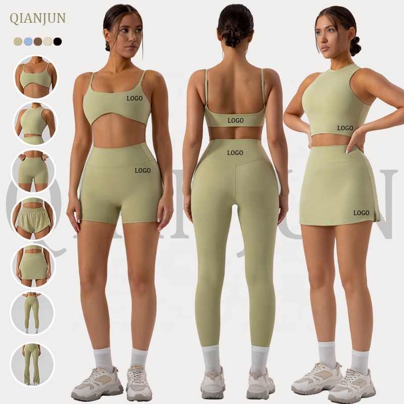 7 Piece Gym Clothing for Women Yoga Set Fitness Vest Crop Top and High Waist Leggings Workout Skirt Yoga Set