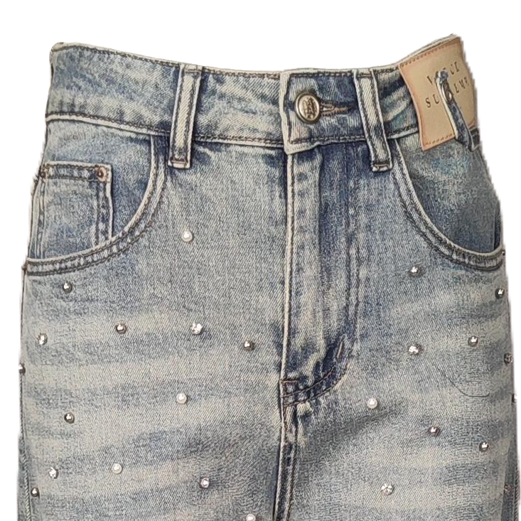 Women's Mid-Rise Ankle-Length Jeans, Rhinestone &amp; Bead Embellished, Vintage Light Wash Harem Denim Pants