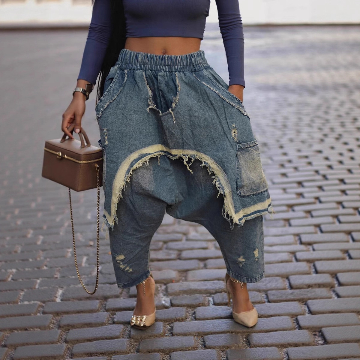 Lady's Clothing Wholesale Personalized Street Style Trendy High Waist Denim Loose Pants