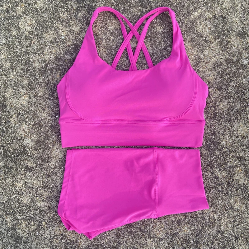 Solid Color Fitness Suit High Waist Short Legging Cross Back Sports Bra Athletic Gym Yoga Short Set Women 2 Piece