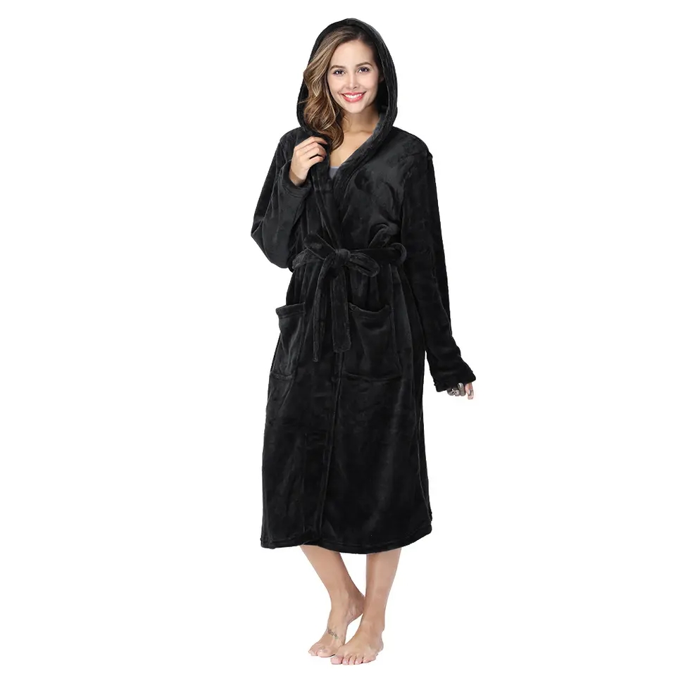 Custom Logo Women Solid Color Thickened Flannel Robe Pajamas Long Sleeve Autumn and Winter Loungewear Hooded Terry Cloth Robes