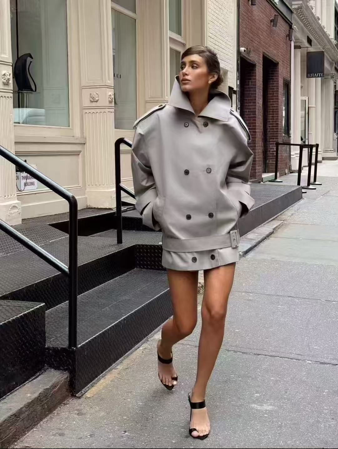 A10949 Autumn New Fashion Women's Loose Coat Niche Personality Design Long Sleeve Stand Solid Casual Outerwear with Belt