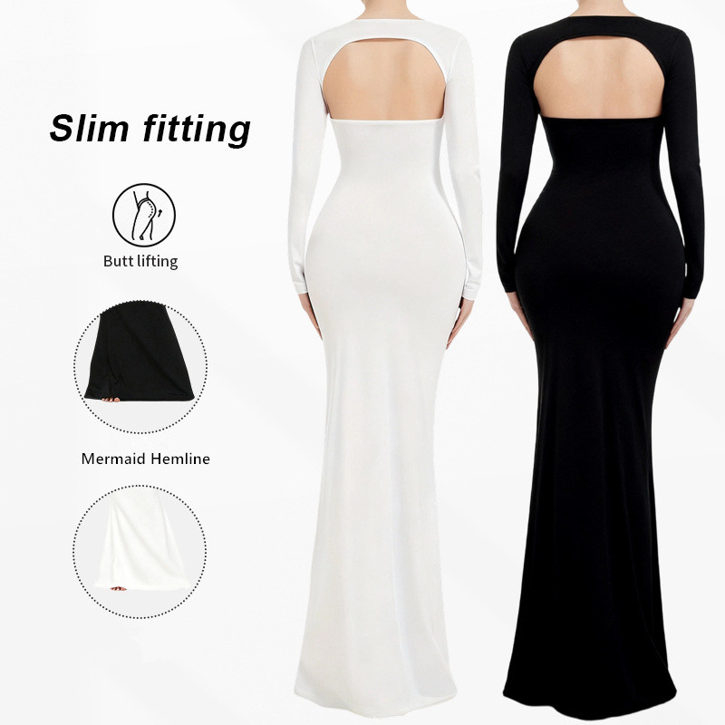 Stock Women's Split Maternity Dress Long Sleeve Ruched Pregnancy Clothes Woven Fabric Square Collar Hollow Back Elegant Mermaid