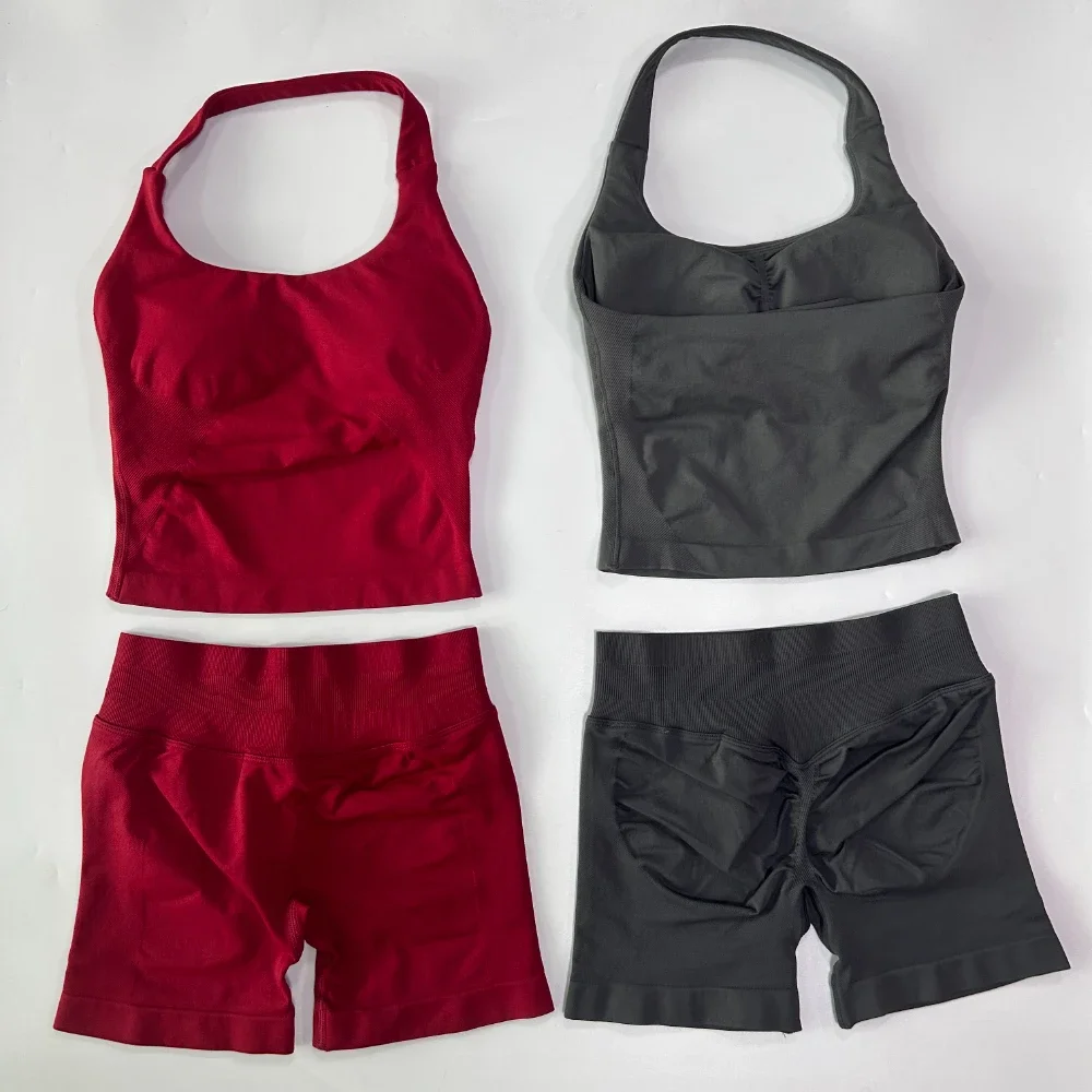 0254 Pieces Impact Sports Women Backless Halter Tops High Waist Seamless Hight Stretch Shorts Gym Suit Sportswear Workout Sets