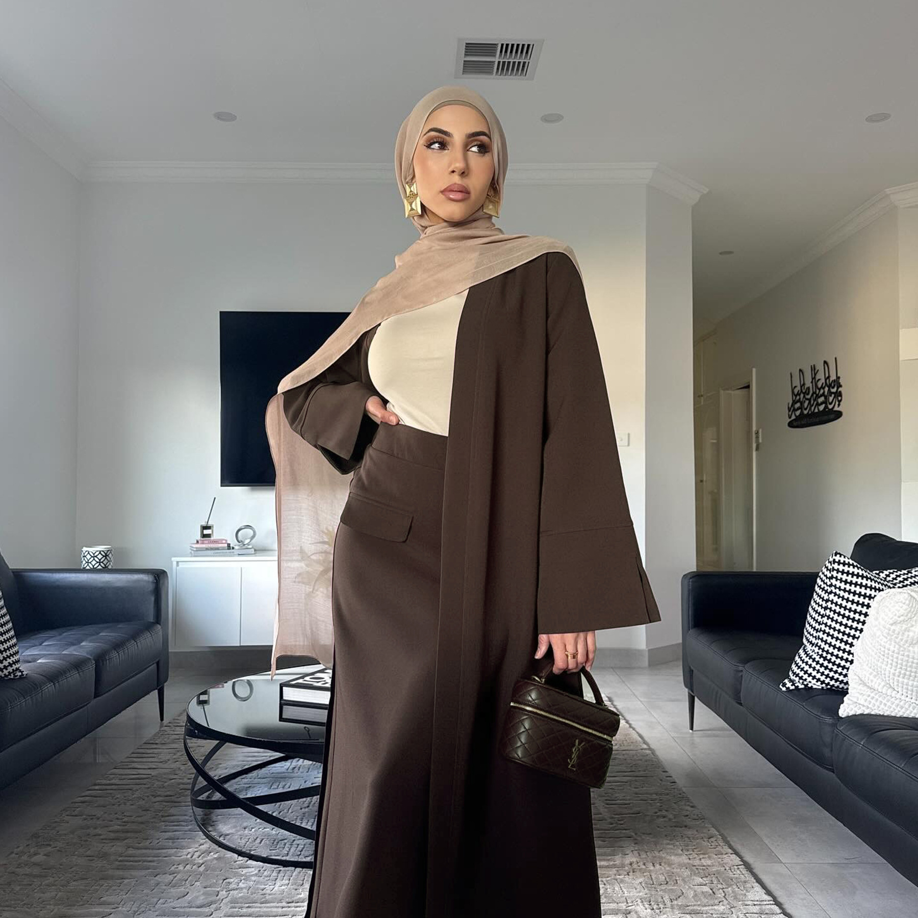LR1072 Muslim Women's Modest Two Piece Set Long Cardigan Maxi Skirt Elegant Islamic Casual Formal Wear Outfit
