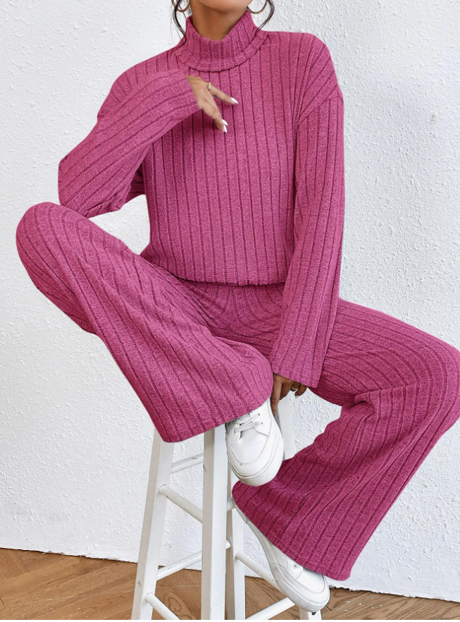 Women's Casual Two-Piece Autumn Winter Knit Wear Set High Neck Long Sleeve Top and Wide Leg Pit Stretch Knit Trousers Outfits