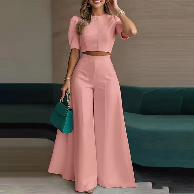 Women's Sleeveless Buttoned Crop Top Wide Leg Pants Set Formal Two Piece Suit Daily Commute Summer Breathable Eco-Friendly