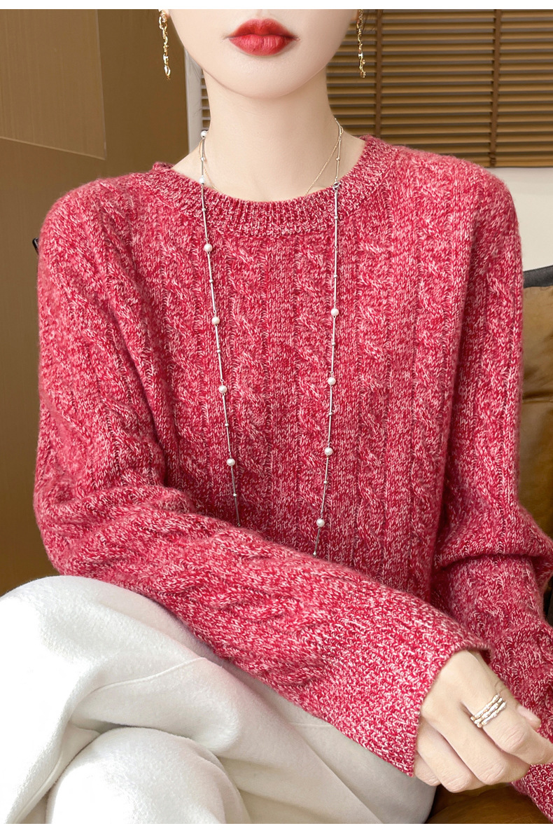 Women's New Soft Floral Yarn Neck Cable Knit Sweater Versatile Korean Style Wool Base Knitwear Loose and Fashionable