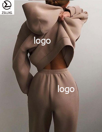 Unisex Customizable Sportswear Warm Solid Color Fleece Sweatshirt Women'S Sports Yoga Hoodie Trousers Two-Piece Suit