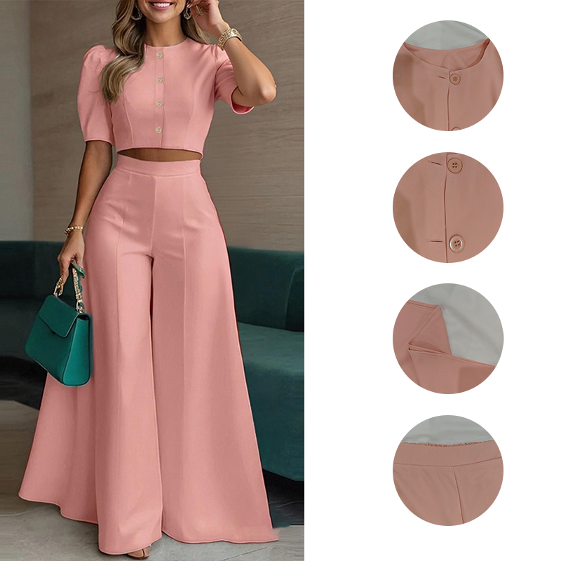 Women's Sleeveless Buttoned Crop Top Wide Leg Pants Set Formal Two Piece Suit Daily Commute Summer Breathable Eco-Friendly