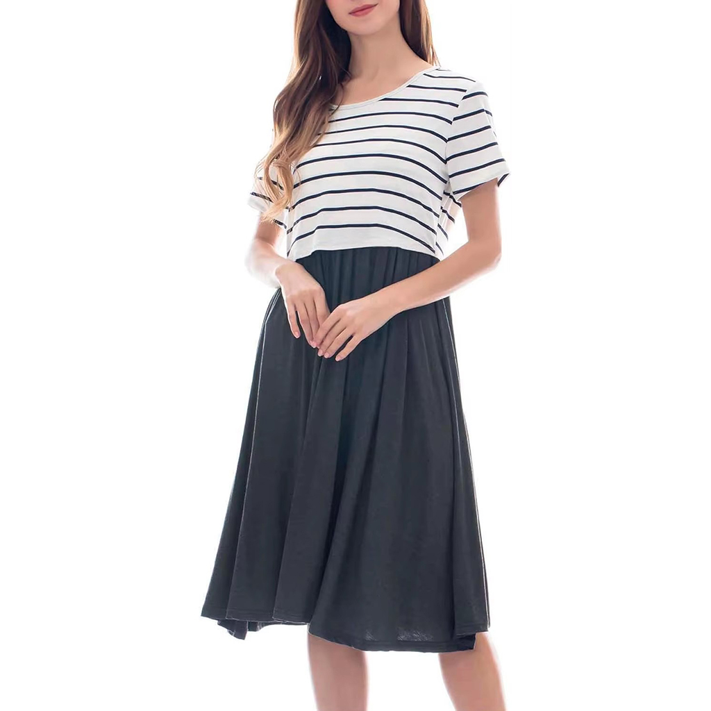Women's Autumn Natural Waist Woven Digital Printed Eco-Friendly Striped Round Neck Short Sleeve Casual Maternity Nursing Dress