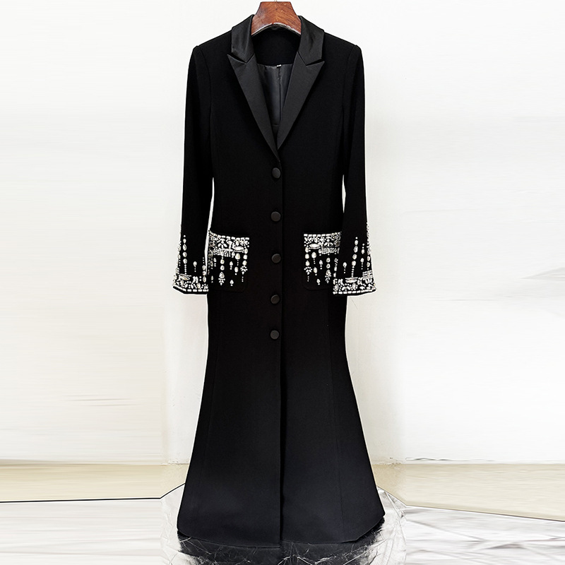 Elegant Black Slim Fit Blazer Maxi Party Dress Women Long Sleeve Beaded Crystal Embellished Formal Evening Party Gown