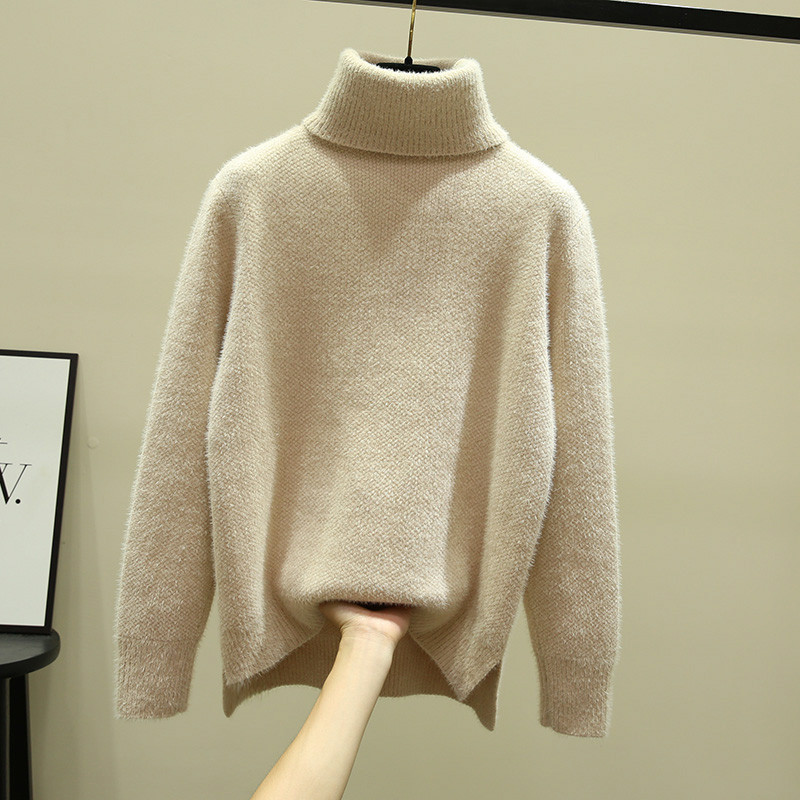 Vintage Casual Outwear Knitwear Women Winter Solid Color Thicken Pullover High Collar Turtleneck Sweater