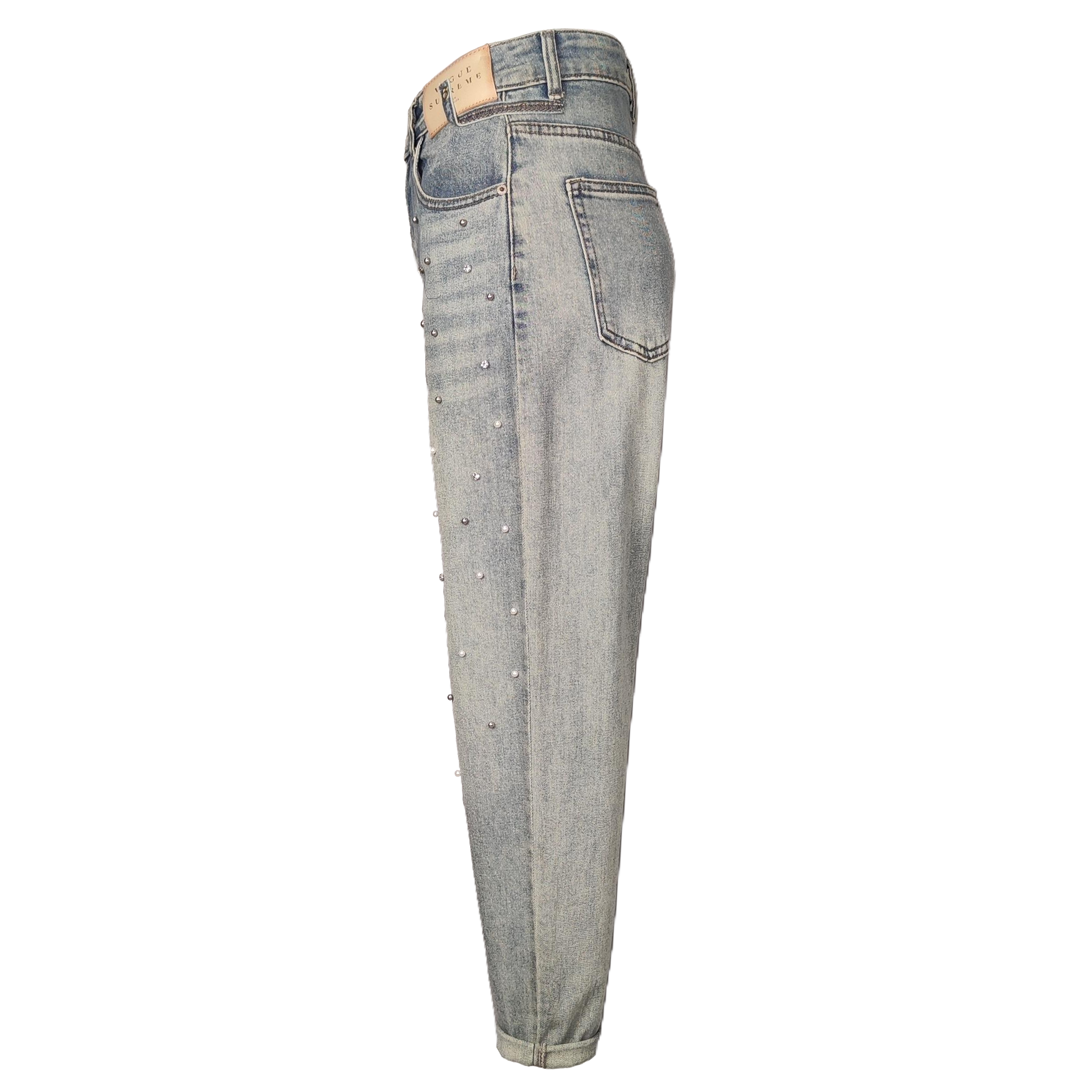 Women's Mid-Rise Ankle-Length Jeans, Rhinestone &amp; Bead Embellished, Vintage Light Wash Harem Denim Pants