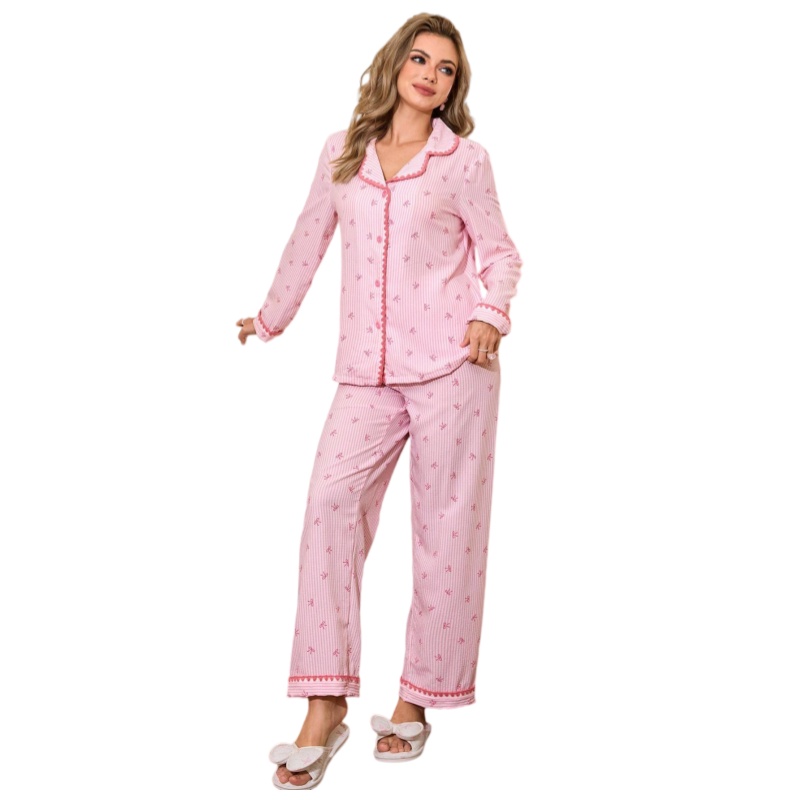 Custom Women's Pink Striped Bow Print Loungewear Set Tencel Micro Modal Long Sleeve Button Down Sleepwear Pajamas with Pockets