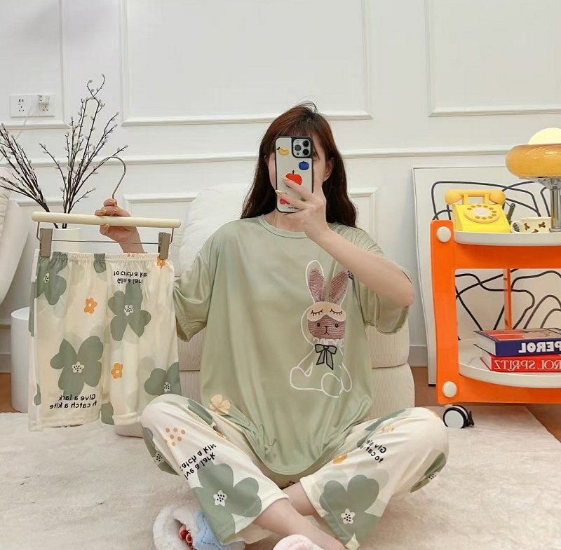 Thin Milk Silk Women's Summer Short Sleeve Shorts Trousers 3 Piece Set Korean Style Cartoon House Wear Women's 3in1 Pajamas