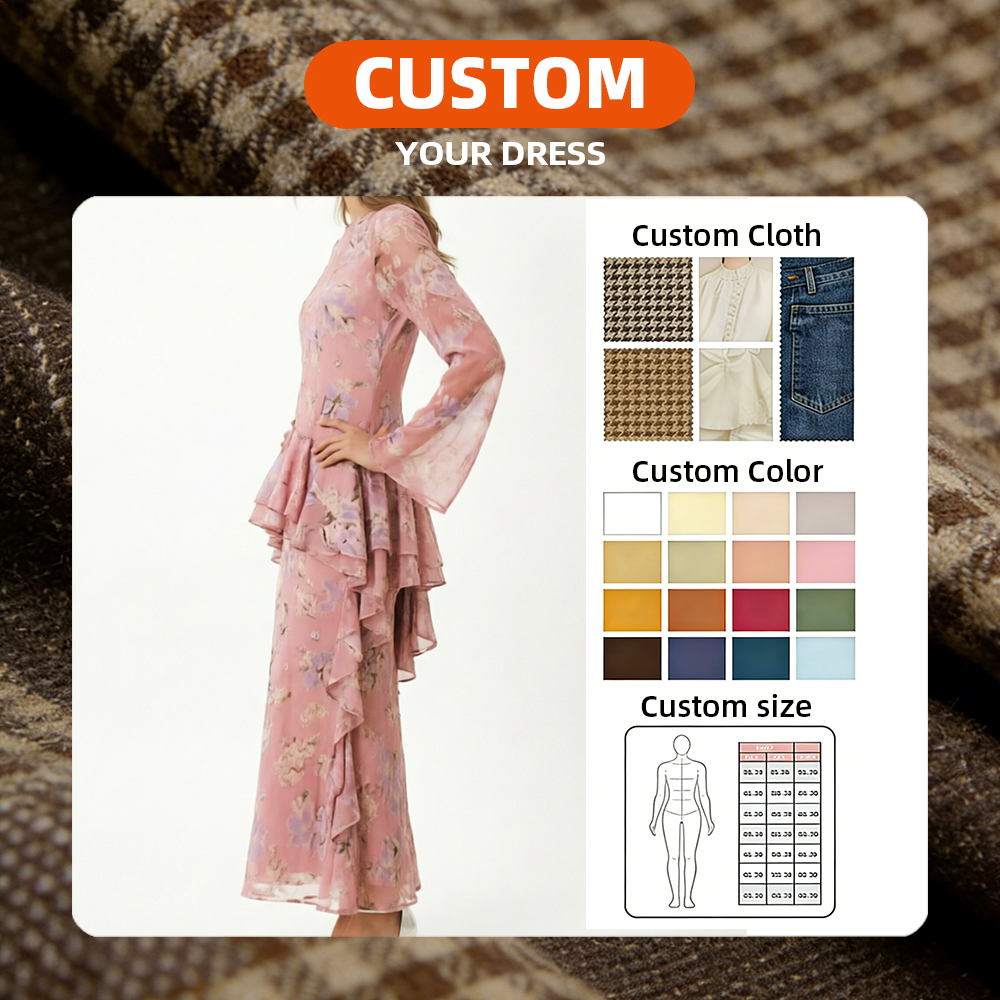 Elegant Pink Floral Ruffle Peplum Waist Long Sleeve Wedding Guest Gown, Custom Print OEM Women's Clothing Maxi Dress