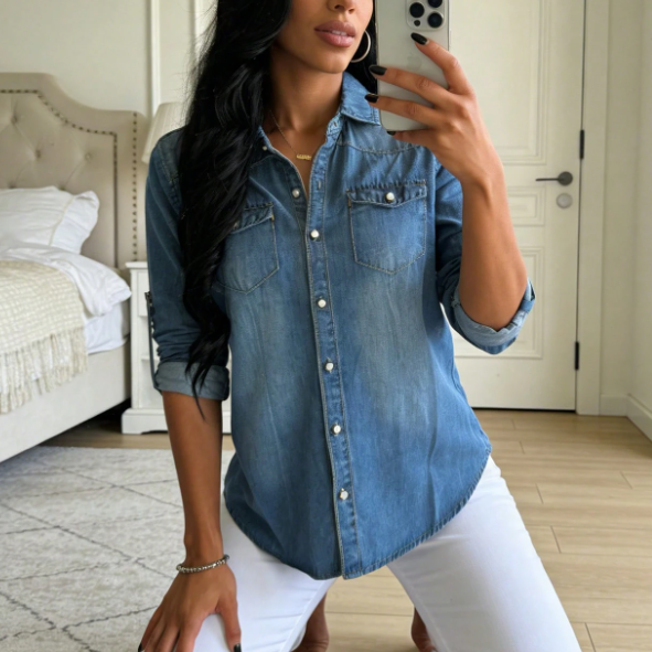 US SIZE Custom 100% Cotton Washed Denim Woman Slim Fit Button up Casual Western Shirt with Double Pocket