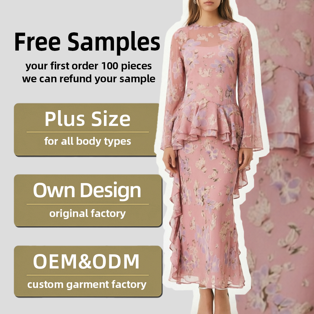 Elegant Pink Floral Ruffle Peplum Waist Long Sleeve Wedding Guest Gown, Custom Print OEM Women's Clothing Maxi Dress