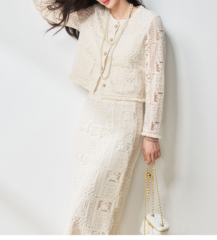 Custom Women's 2 Piece Lace Skirt Set, Cropped Openwork Lace Jacket Elegant Vintage Embroidery Formal Suit for Party