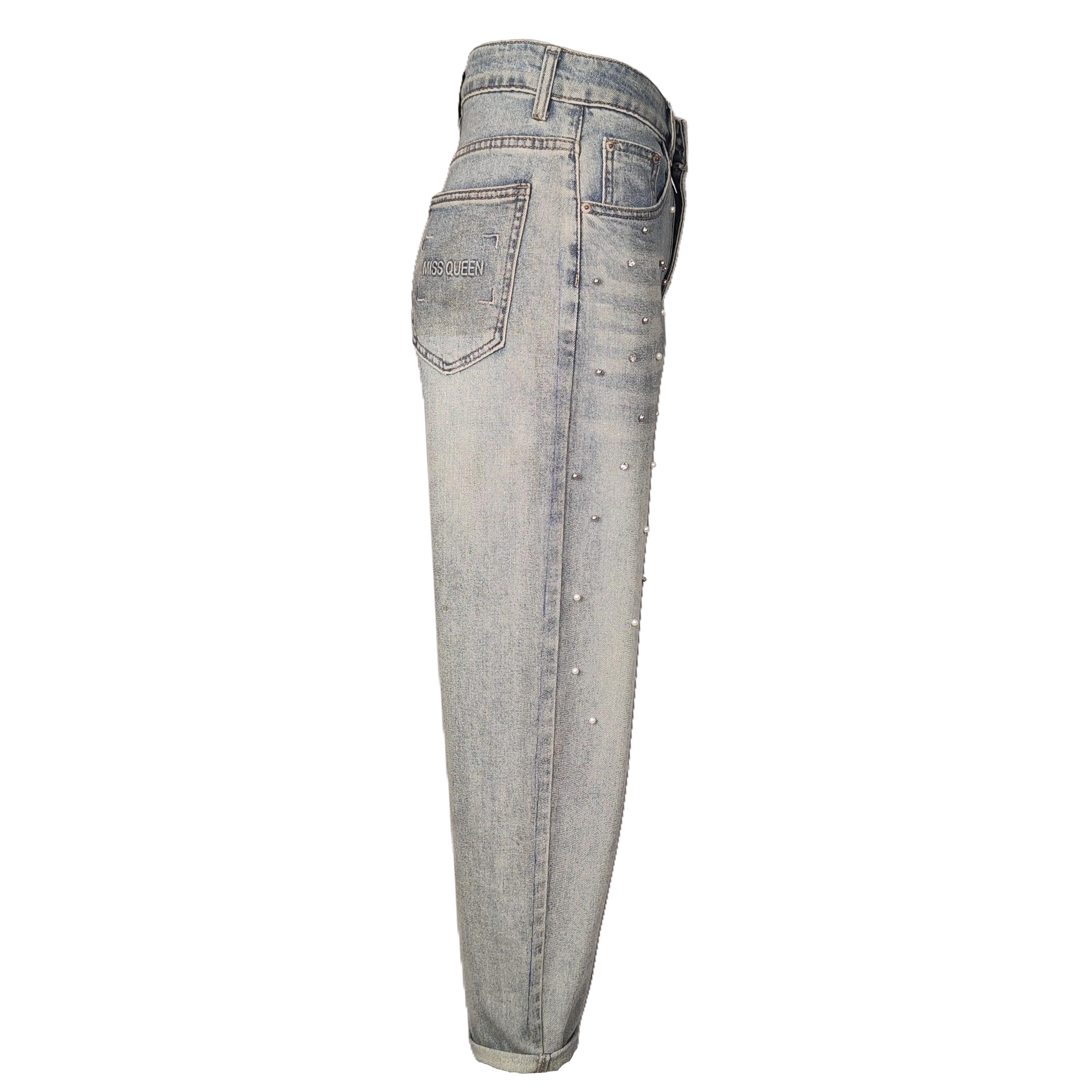 Women's Mid-Rise Ankle-Length Jeans, Rhinestone &amp; Bead Embellished, Vintage Light Wash Harem Denim Pants