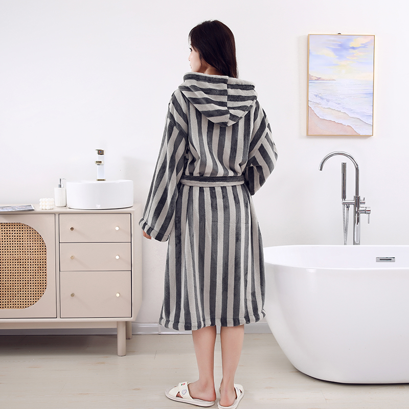 Women's High Quality Warm Long Winter Bathrobe Set Stripe Designer Home Loungewear with Front Logo Fashionable Dressing Gown