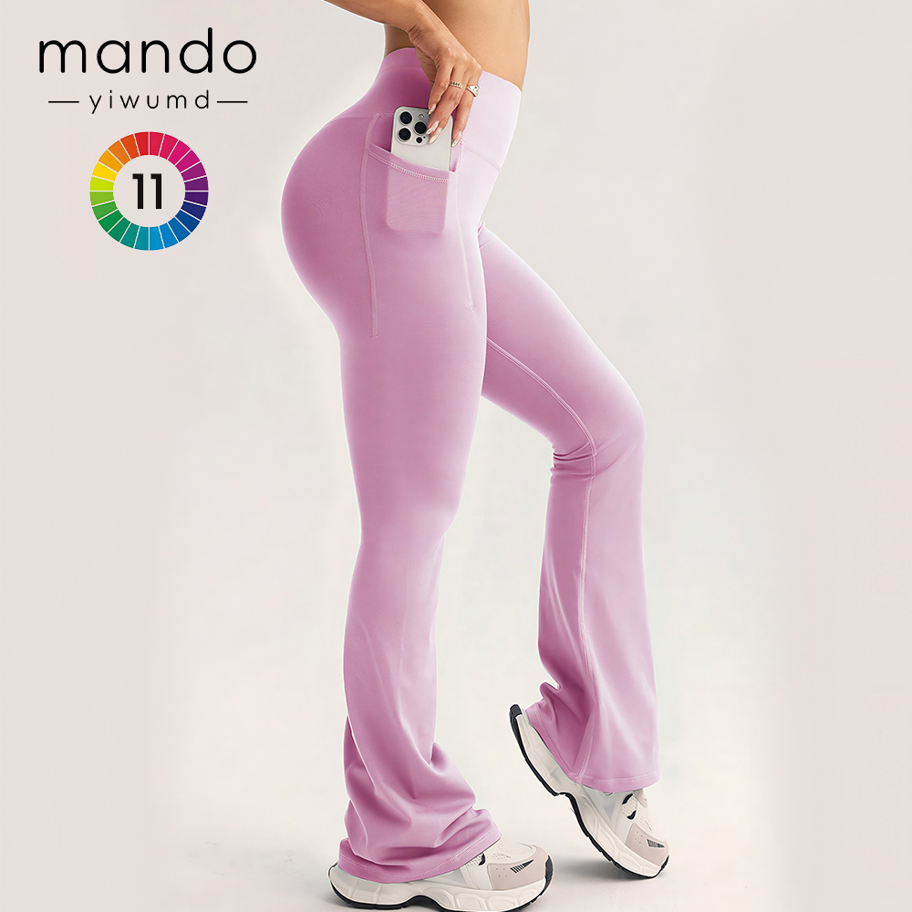 Polyester Spandex Side-Pocket Wide-Leg Pants Women's High-Waisted Fitness Yoga Flare Leggings With Pockets
