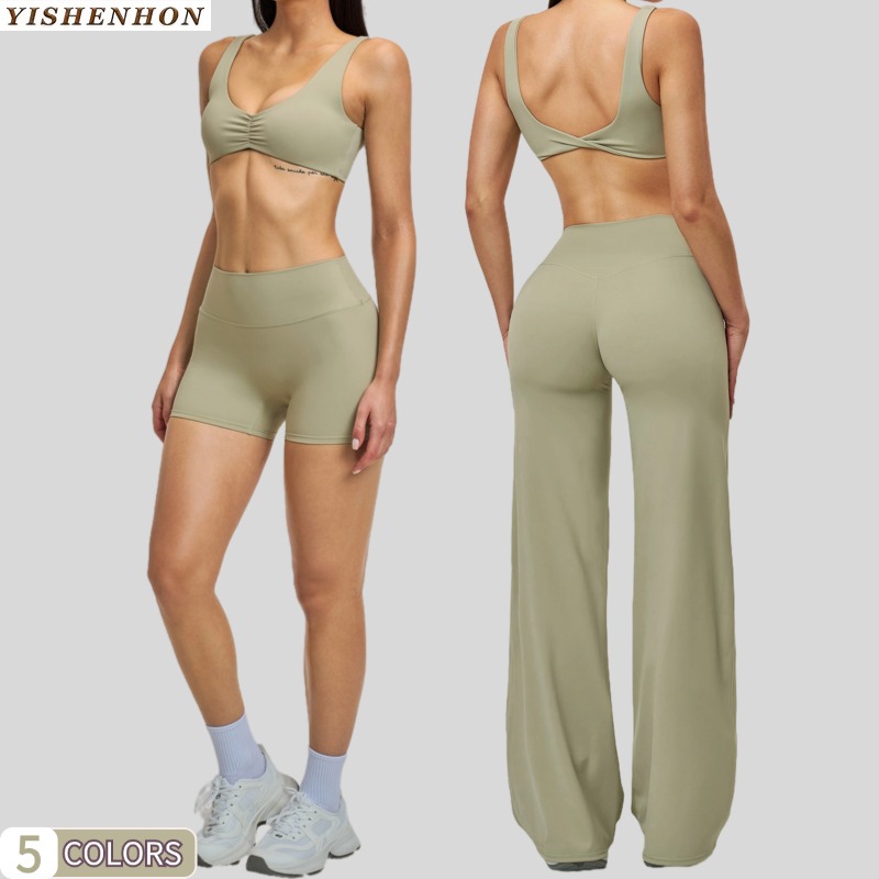 YSH Women's Fitness Activewear Set 3pcs Yoga Leggings &amp; Bras Gym High Waist Wide-Leg Pants Solid Pattern Sport Fitness Set