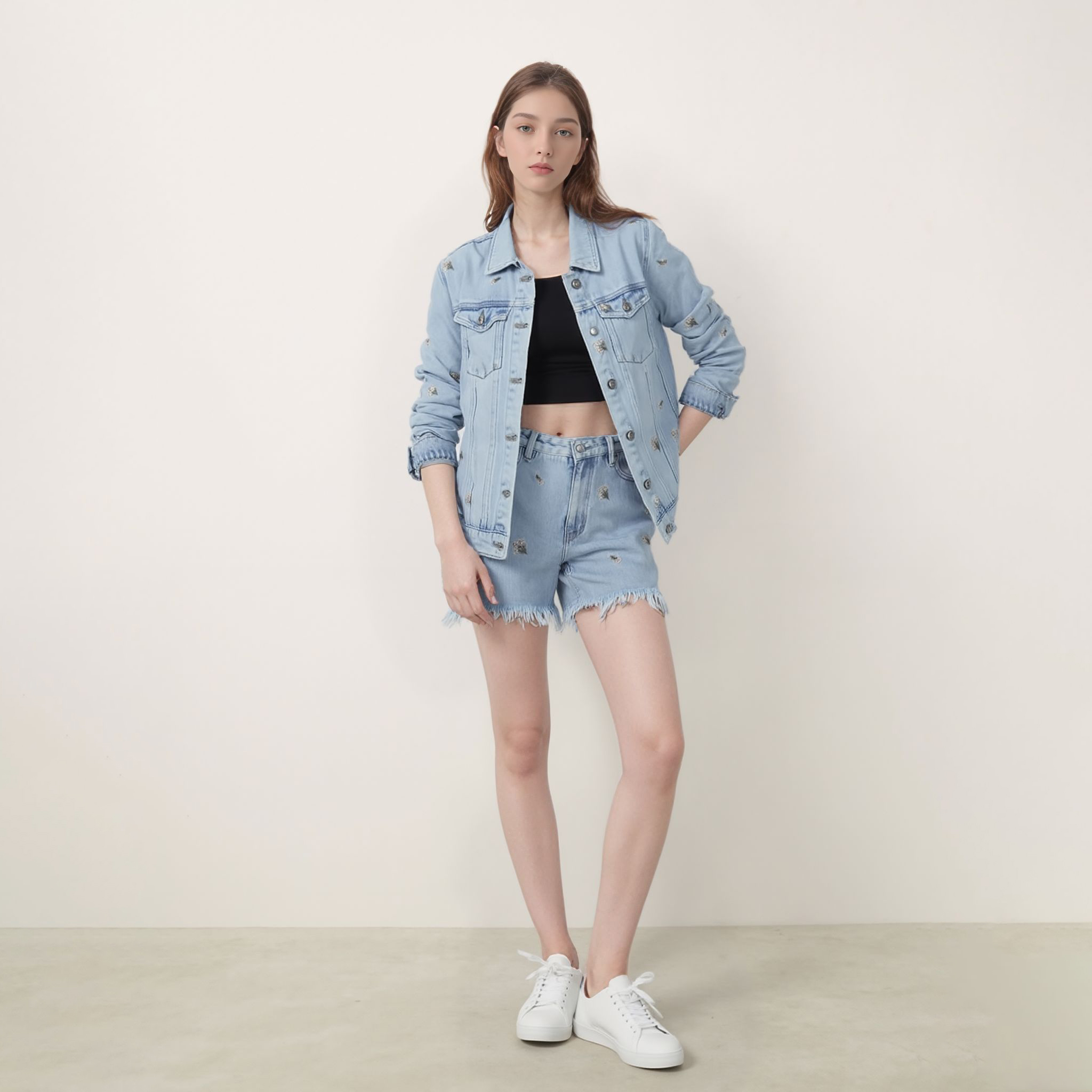 Women Floral Embroidered Denim Jacket Light Blue Jean Coat Fashion Casual Long Sleeve Outwear Spring Autumn Top