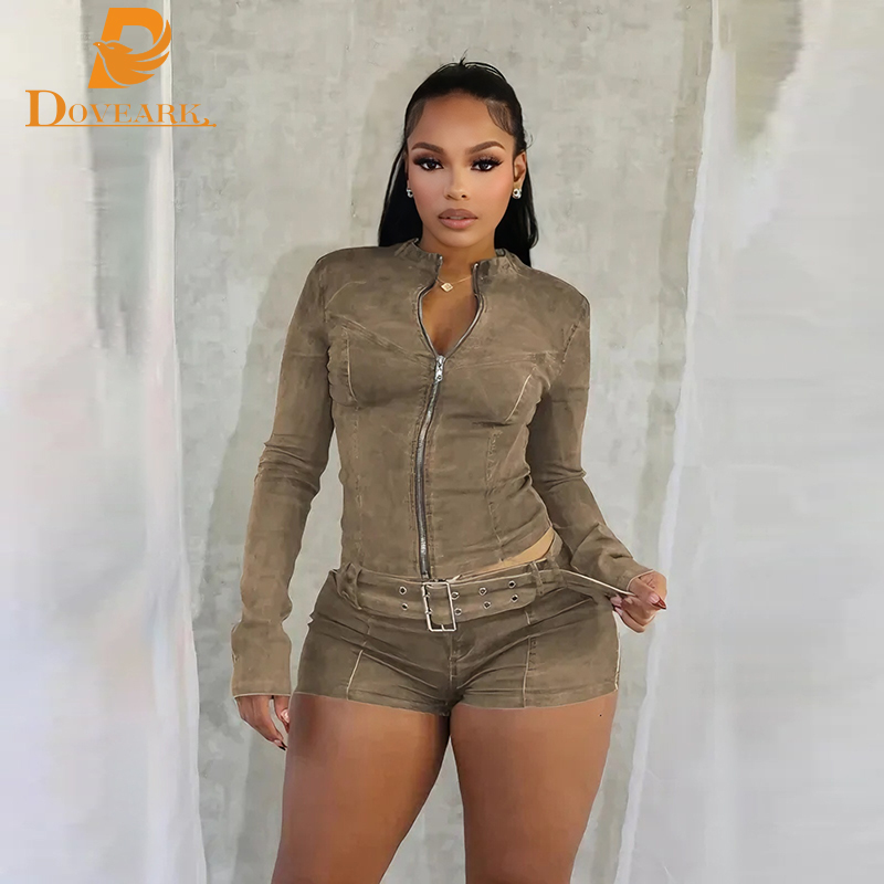 Retro Fashion Sexy Stretchy Denim Jeans Two Piece Sets for Women Slim Long Sleeve Jackets Zip Crop Top with Belt Shorts Outfits