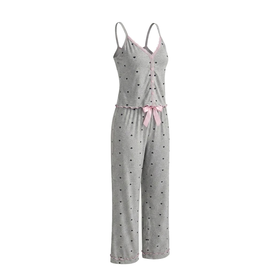 Wholesale Custom Soft Cotton Loungewear for Women Front Lace Trim Hearts Print Cami Top Pajama Pants Set Plus Size Summer
