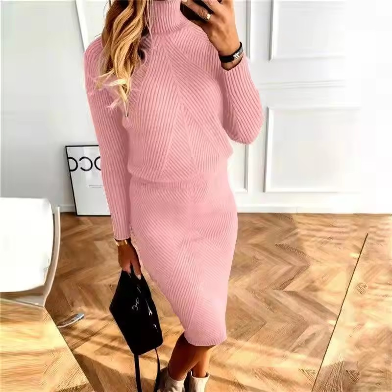 Autumn/Winter 2025 New Women's Fashion: High-Neck Knit Solid Color Pullover Sweater and Skirt Set