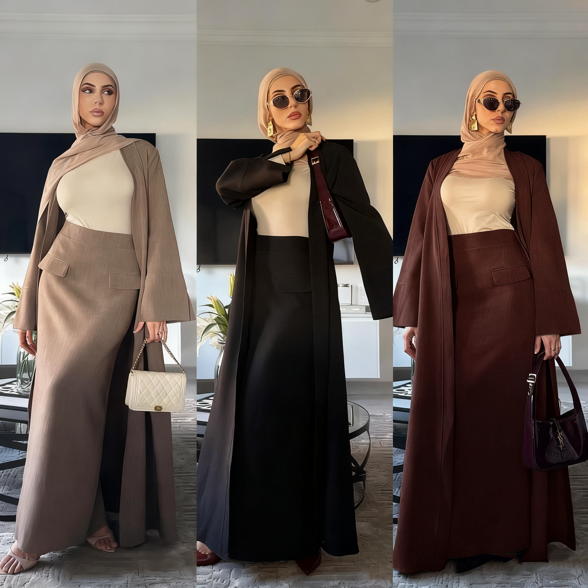 LR1072 Muslim Women's Modest Two Piece Set Long Cardigan Maxi Skirt Elegant Islamic Casual Formal Wear Outfit