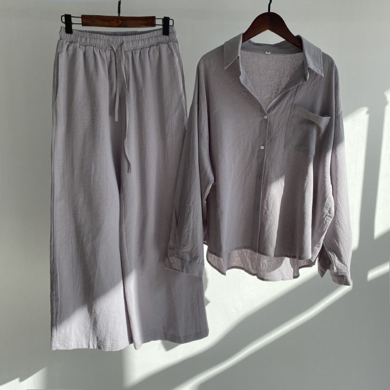Women's Retro 2-Piece Set On For Plus Size High-Waisted Loose Long Pants And Cotton Linen Shirt For Summer Women Set