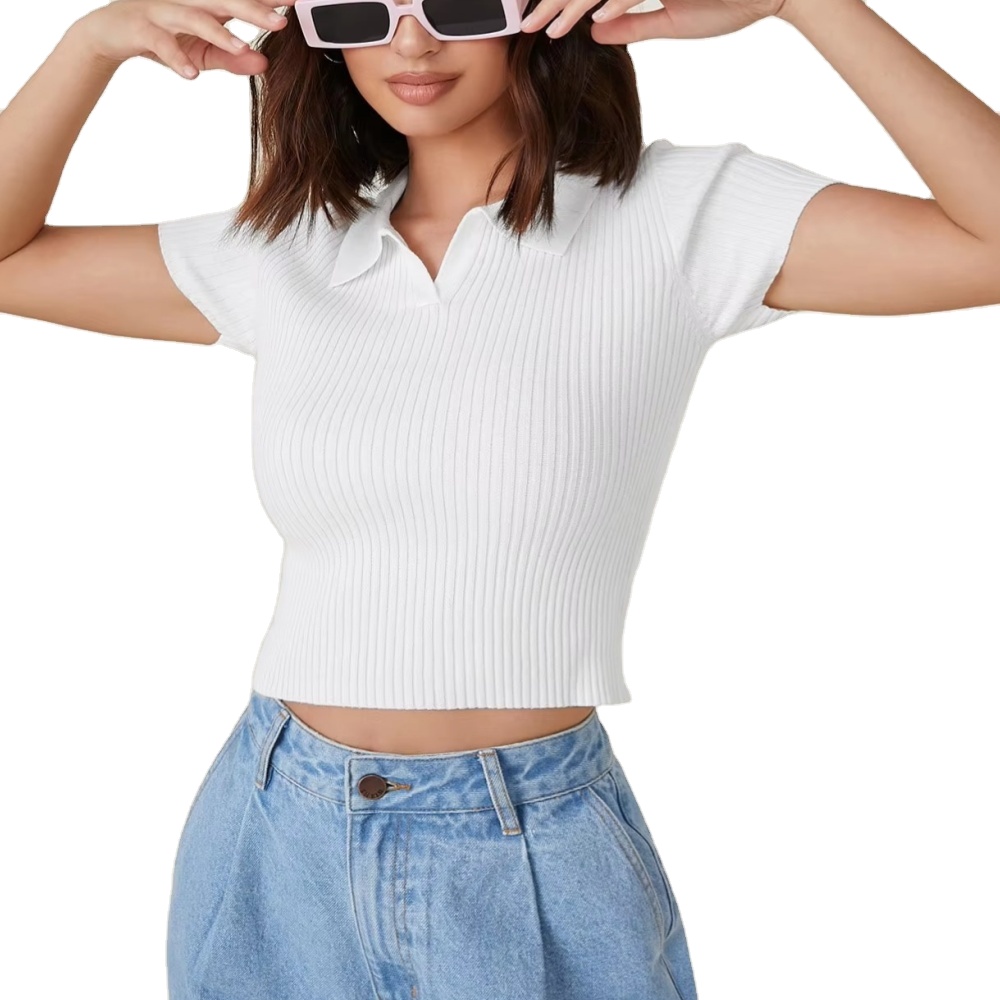 Factory Custom Logo Women's Short Sleeve Ribbed Knitted Polo Shirt Premium Slim Fit V Neck Collared Knitwear Crop Top