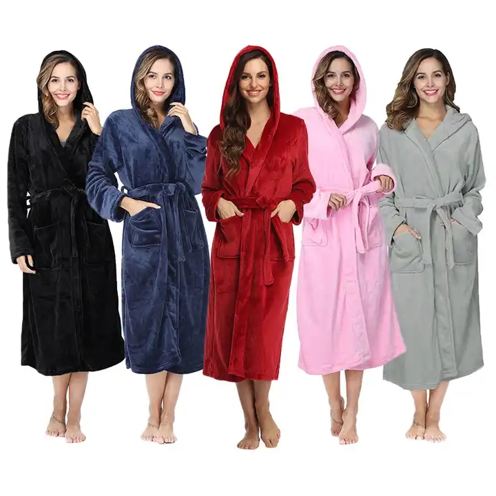 Custom Logo Women Solid Color Thickened Flannel Robe Pajamas Long Sleeve Autumn and Winter Loungewear Hooded Terry Cloth Robes