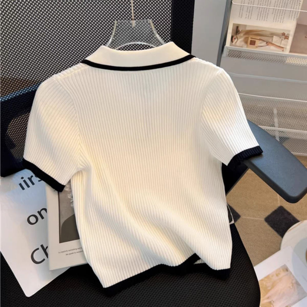 Summer New Women's Knitwear, Contrast Trim Polo Short Sleeve Slim Casual Knit Top, Versatile Commuter Women's Knitted Blouse
