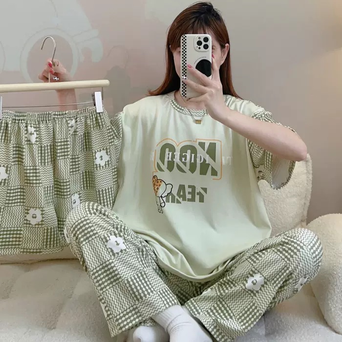 Women's 3-Piece Summer Pajama Set Short Sleeve Top, Shorts &amp; Long Pants, Cartoon Print Lounge Wear, Custom Available