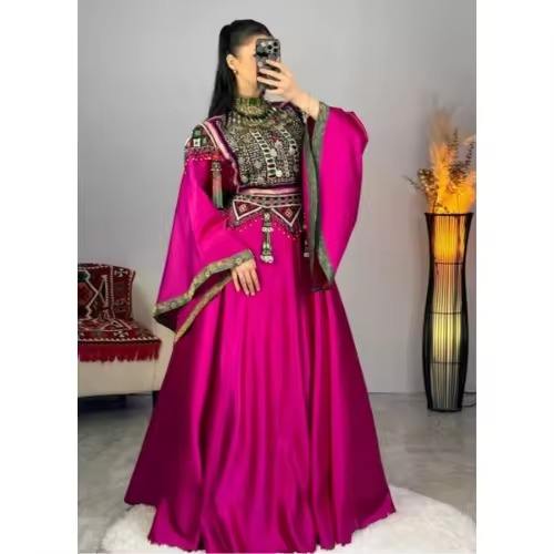 Women's Afghani Dresses Traditional Wears Floor-Length Frock Tassel Coin Mirror Works Stones Embroidery Party Wear Dresses Suits