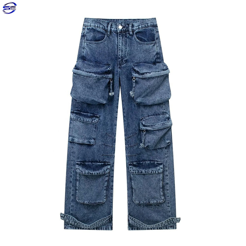 Hot Selling Women's Cargo Denim Pant for Summer Multi-pocket Ripped Straight Washable Retro Casual Jeans New Street Wear