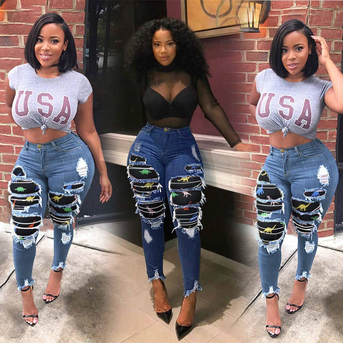 Fashion Autumn Winter Skinny Denim Plus Size Patchwork Jeans Oversized Patch Jeans Stretchy Plus Size Jeans Pants for Fat Women