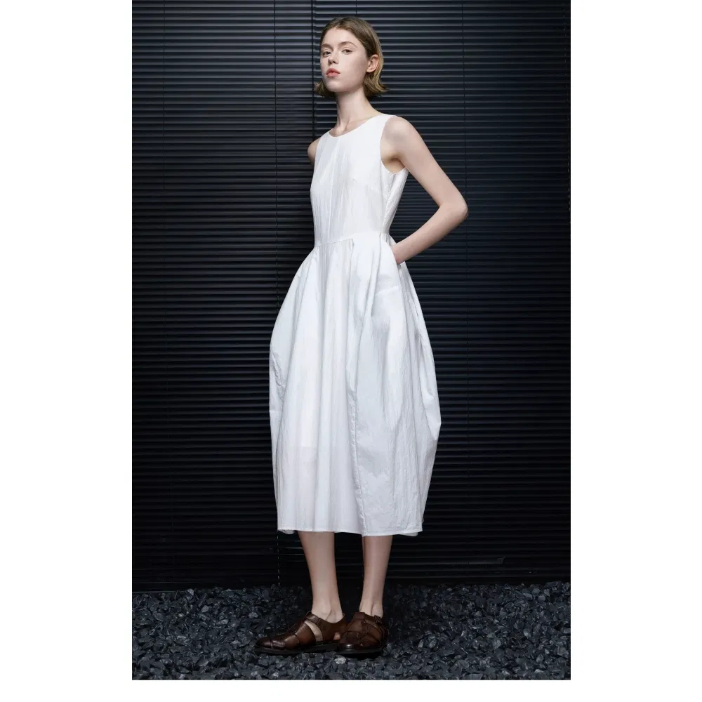Women's Garment Wholesale Custom Cotton White Sleeveless 3D Bud Dress, Summer New Simple Versatile Business Commuter Casual Resort Wear for Export