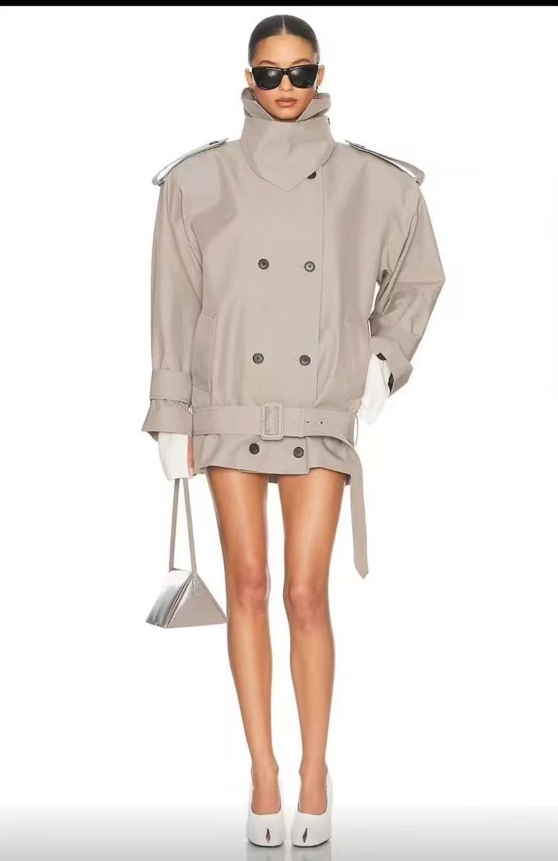A10949 Autumn New Fashion Women's Loose Coat Niche Personality Design Long Sleeve Stand Solid Casual Outerwear with Belt