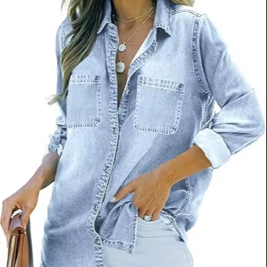 Top Trendy Womens Casual Denim Shirts High Quality Oversized Button up Jeans Shirts New Stylish Cowgirl Ladies Denim Shirts