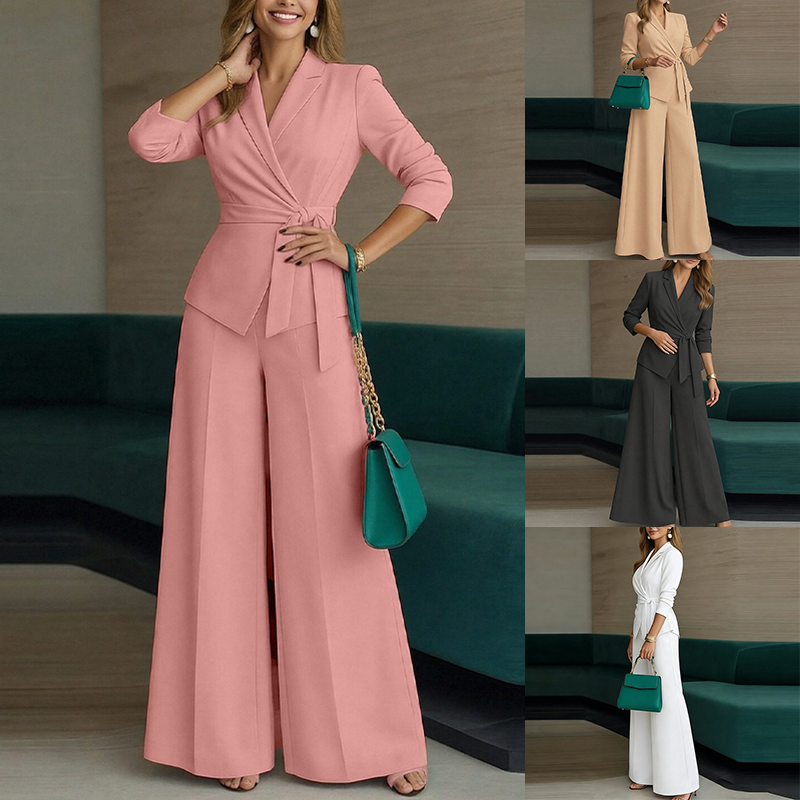 Wholesale Spot Supplier Solid V Neck Tie Waist Blazer Wide Leg Pants Two Piece Set Women Daily Commute Outfit Women's Formal Set