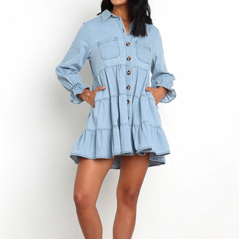 2022 Wholesale Casual Women Ladies Long Sleeve Oversized Loose Shirt Jean Denim Dress