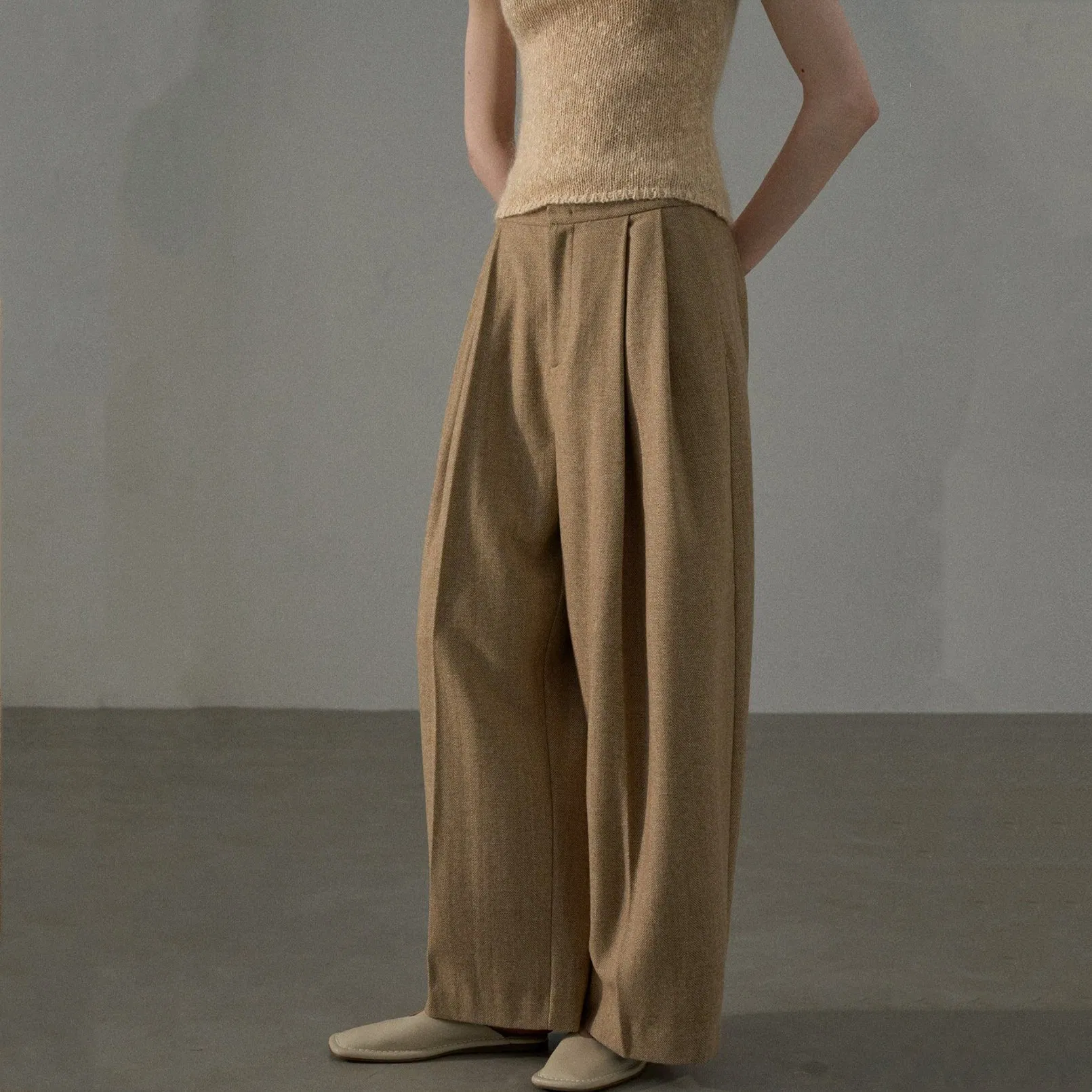 Factory Customization High-Waisted Wool Herringbone Wide-Leg Trousers